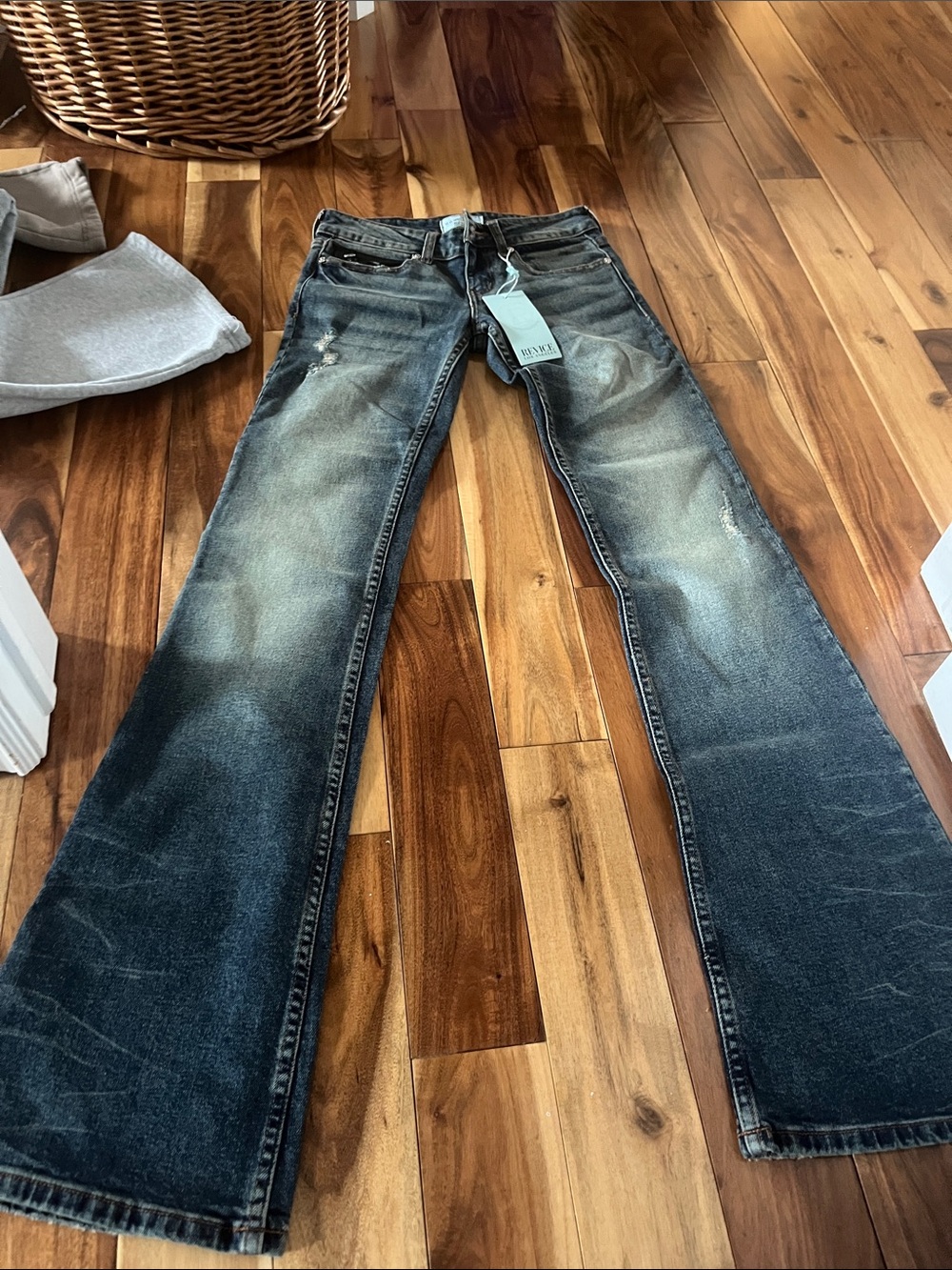 REVICE Women's Dark Blue Distressed Flare Jeans